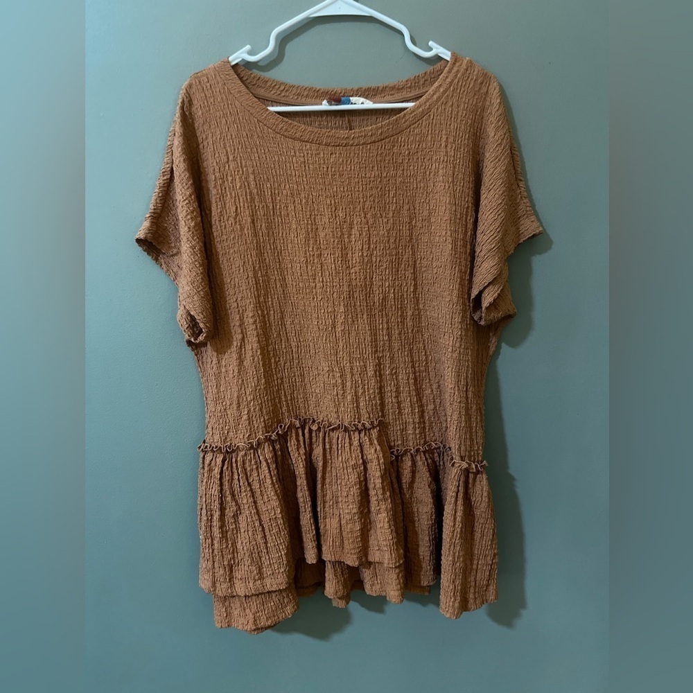 FP Free People Beach XS  Gauze Crinkle Ruffle Shift Dress Cover Up Nutmeg - Picture 2 of 7